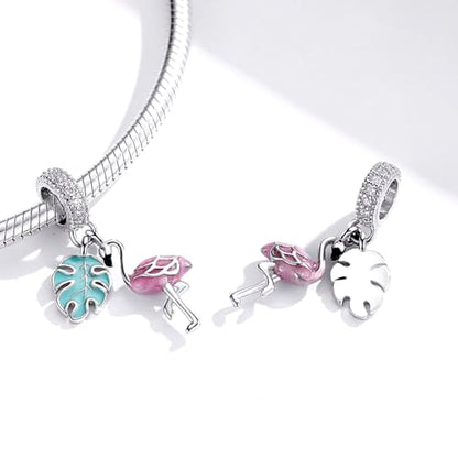 BISAER 925 Sterling Silver Charms for Bracelets Cat Dog Sloth Animal Beads Butterfly Fairy Heart Dangle Pendant Charms - color: Flamingo