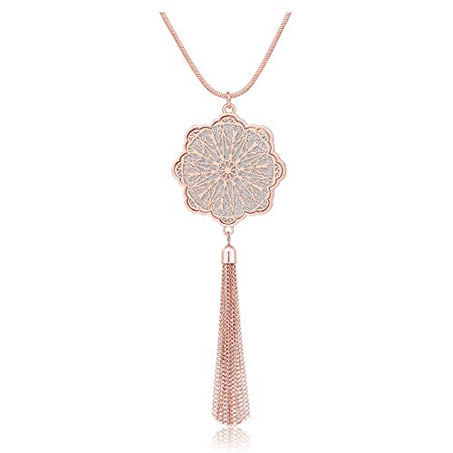 MOLOCH Long Necklaces For Woman Disk Circle Pendant Necklaces Tassel Fringe Necklace Set Statement Pendant - color: floral-shaped-rose gold