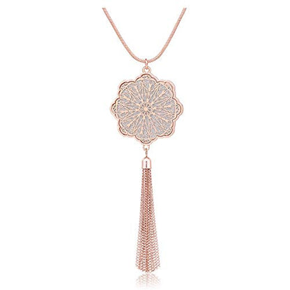MOLOCH Long Necklaces For Woman Disk Circle Pendant Necklaces Tassel Fringe Necklace Set Statement Pendant - color: floral-shaped-rose gold