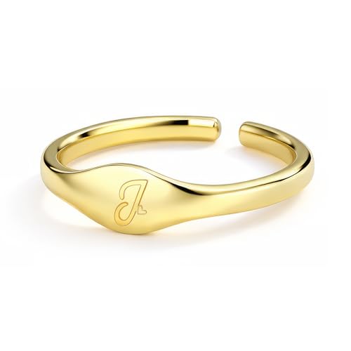 Initial Rings for Women Men - Dainty 14K Gold Plated Signet Rings, Open Adjustable Letter & Heart Ring Jewelry, Christmas Stocking Stuffers Birthday Gifts for Women - style: T