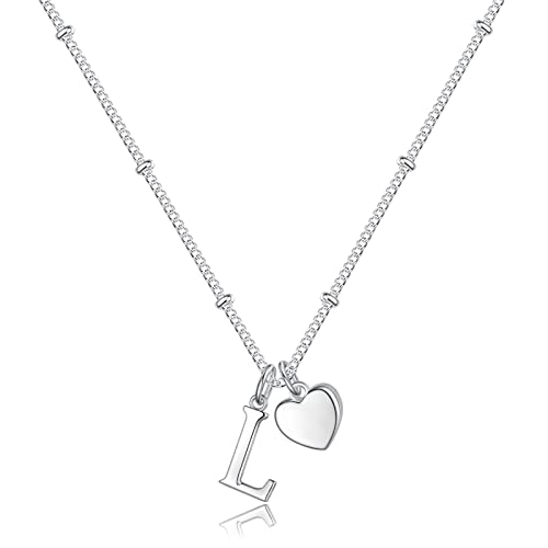 Heart Initial Necklaces for Girls, Letter A-Z Silver Necklace | Silver Plated, Heart Initial Necklaces for Girls, Necklace for Women, Teen Girl Gifts, Dainty Heart Necklaces, Birthday Gifts - color: L
