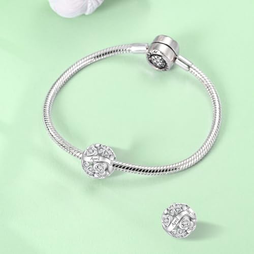 925 Sterling Silver Lucky Clover Birthstone Charms for Bracelets Dangle Pendant with 5A Cubic Zirconia Compatible Pandora Bracelets, Ladies Birthday Gift - style: 4-April