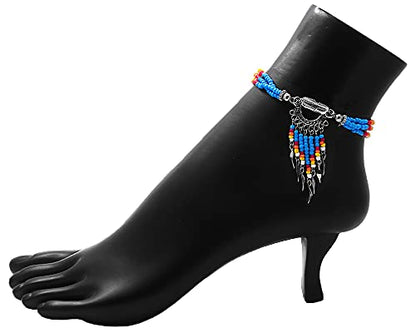 Mia Jewel Shop Native American Inspired Wire Wrapped Clear Quartz Crystal Seed Beaded Dangle Multi Strand Anklet - Womens Fashion Handmade Jewelry Boho Accessories - color: Turquoise