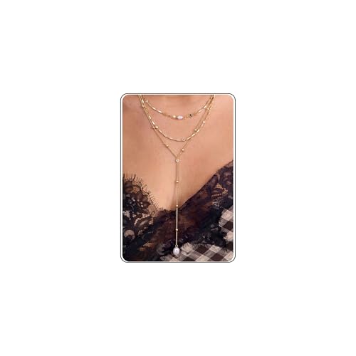 Trendy Long Lariat Necklaces for Women, Drop Cross Rosary Chain Necklace | Dainty Stackable Layered Y-Shaped Pendant Necklace Jewelry Set with Zircon and Pearl, 16K Gold Plated, Silver
