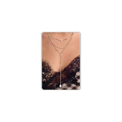 Trendy Long Lariat Necklaces for Women, Drop Cross Rosary Chain Necklace | Dainty Stackable Layered Y-Shaped Pendant Necklace Jewelry Set with Zircon and Pearl, 16K Gold Plated, Silver