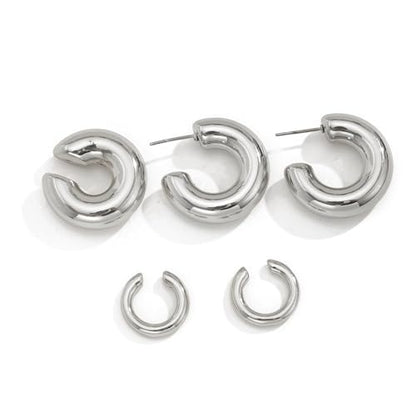 Chunky Gold Huggie Earrings Sets for Women Vinatge Non Piercing Ear Cuff Statement Earrings Personalized Large Clip On Hoop Earrings Fashion Jewelry - color: Silver