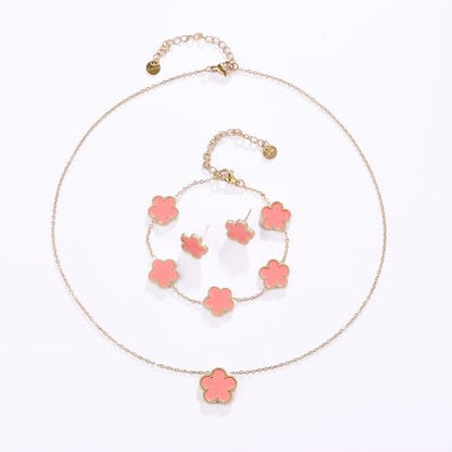 Clover Neckalce Earring Set for Women 14K Gold Plated Stainless Steel Four Leaf Clover Jewelry Set - color: Pink
