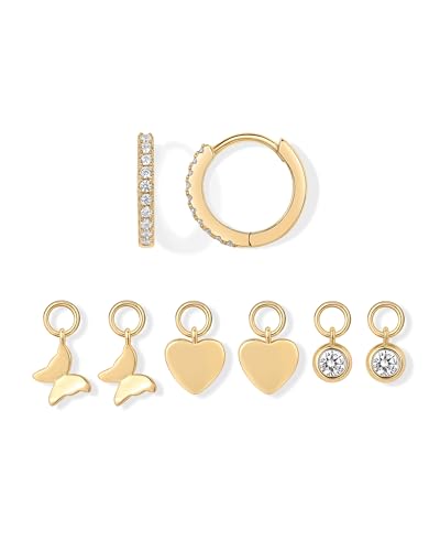 PAVOI 14K Gold Plated Huggie Earring Charms for Women - Mix and Match Huggie Hoop Earrings with Charms Pack - Dangle Dainty Motif Set with Cubic Zirconia, Heart, Cross, Pearl & Evil Eye Jewelry - Valentines Day Trendy Jewelry - style: Butterfly