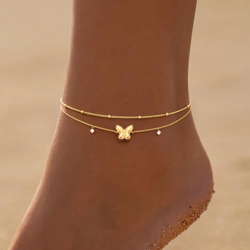 Gold/Sterling Silver Anklet Bracelets for Women Waterproof, Non Tarnish 925 Sterling Sliver Plated Heart Evileye Butterfly Charm, Dainty Summer Beach Anklets for Women, Beach Vacation Bikini Outfits for Her Mom - style: Butterfly-Gold