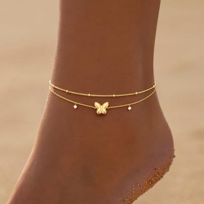 Gold/Sterling Silver Anklet Bracelets for Women Waterproof, Non Tarnish 925 Sterling Sliver Plated Heart Evileye Butterfly Charm, Dainty Summer Beach Anklets for Women, Beach Vacation Bikini Outfits for Her Mom - style: Butterfly-Gold