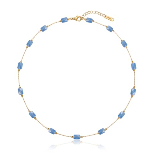 RINHOO Dainty Beaded Necklace for Women 18K Gold Plated Stainless Steel Colorful Blue Pink Choker Boho Choker Necklace Jewelry Gift for Women - color: Style 2-Blue