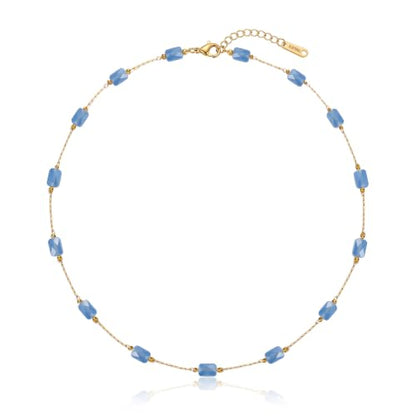 RINHOO Dainty Beaded Necklace for Women 18K Gold Plated Stainless Steel Colorful Blue Pink Choker Boho Choker Necklace Jewelry Gift for Women - color: Style 2-Blue