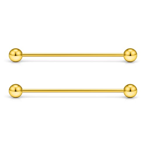 16G 14G Surgical Steel Tongue Rings Nipple Rings Industrial Piercing Jewelry Set Multi Size Straight Barbells 12mm 14mm 16mm 19mm 22mm 28mm 32mm 35mm 38mm 40mm 45mm for Women Men - color: goldtone, size: 16g,bar length 38mm