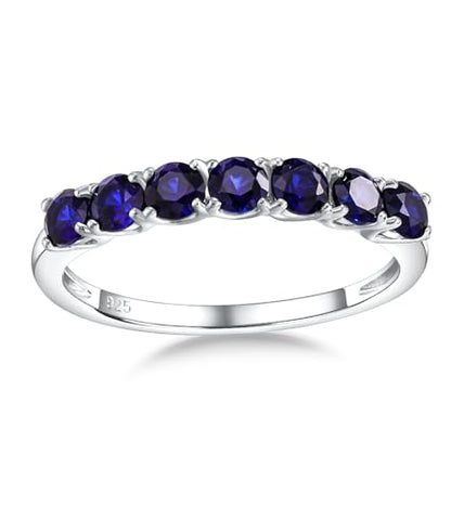 Birthstone Wedding Band Eternity Rings 925 Sterling Silver Rings Stackable Anniversary Engagement Rings Cubic Zirconia Inlaid Created Garnet/Amethyst/Sapphire Ring 7 Stone Ring, Size 6 to 10 - color: Blue Sapphire