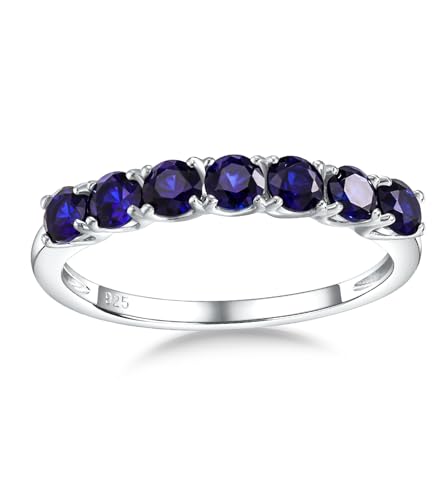 Birthstone Wedding Band Eternity Rings 925 Sterling Silver Rings Stackable Anniversary Engagement Rings Cubic Zirconia Inlaid Created Garnet/Amethyst/Sapphire Ring 7 Stone Ring, Size 6 to 10 - color: Blue Sapphire