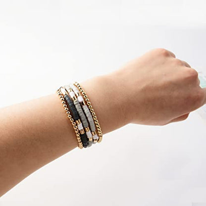 GOOJIDS Surfer Heishi Clay Bead Bracelets for Women Bohemian Stackable Gold Plated Beaded Stretch Bracelets Elastic Layering Friendship Bracelets Set Boho Jewelry - color: B-Grey Surfer Color &Gold Bead