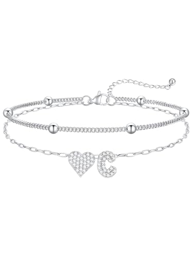 FaithHeart Initial Ankle Bracelets for Women Waterproof, Silver/Black/14k Gold Plated CZ Heart Initial Anklets Non Tarnish Stainless Steel Anklets for Women - color: Silver, size: C