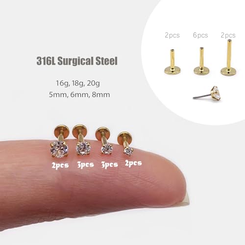 16G/18G/20G Tiny CZ Stud Earrings, Gold Flat Back Earrings, Threadless Cartilage Tragus Piercing Conch Stud Nose Helix Stud - color: CZ -Gold, size: 18 gauge (1.0mm post)