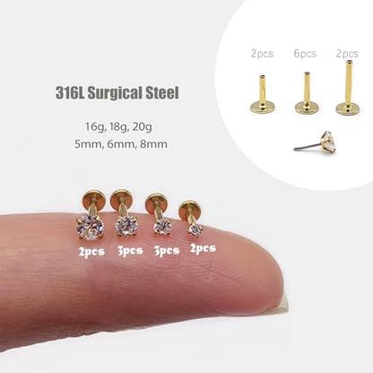 16G/18G/20G Tiny CZ Stud Earrings, Gold Flat Back Earrings, Threadless Cartilage Tragus Piercing Conch Stud Nose Helix Stud - color: CZ -Gold, size: 18 gauge (1.0mm post)