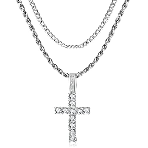 GEMOSA Cross Necklace for Men, Cuban Link Layered Rope Chain Silver/Gold/Black - color: Silver, size: 20/22 inch
