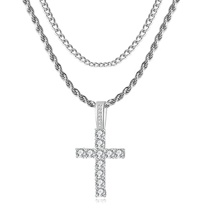 GEMOSA Cross Necklace for Men, Cuban Link Layered Rope Chain Silver/Gold/Black - color: Silver, size: 18/20 inch