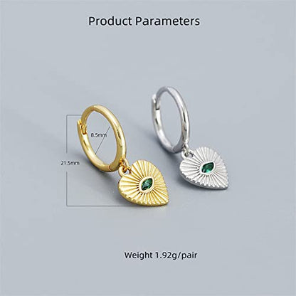 Heart Evil Eye Dangle Small Hoop Earrings for Women Girls 925 Sterling Silver Green CZ Eyes Charms Drop Dangling Huggie Hoops Cartilage Cuff Hypoallergenic Earring Gifts Birthday Christmas Valentine - color: Gold