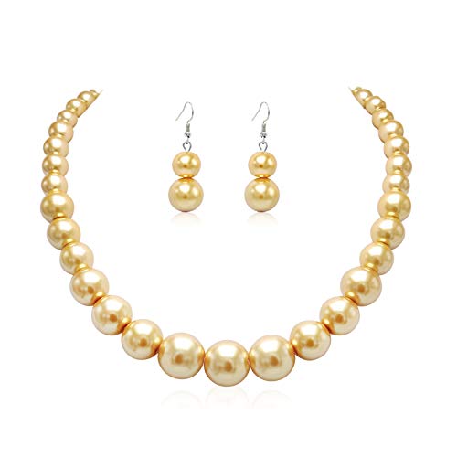 Cryshimmer Pearl Choker Necklace for Women Faux Pearl Beads Strand Necklace Earring Set Costume Jewelry,Gift for Wife Mother - color: Golden