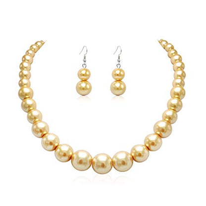 Cryshimmer Pearl Choker Necklace for Women Faux Pearl Beads Strand Necklace Earring Set Costume Jewelry,Gift for Wife Mother - color: Golden