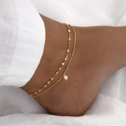 NIXMAX Gold Anklets for Women, Waterproof Chain Trendy Ankle Bracelets | Non Tarnish, Adjustable Fit, 14K Gold Plated, Dainty Layered Looks, Summer Beach Vacation Body Jewelry, Gifts for Women - color: Gold-Pearl