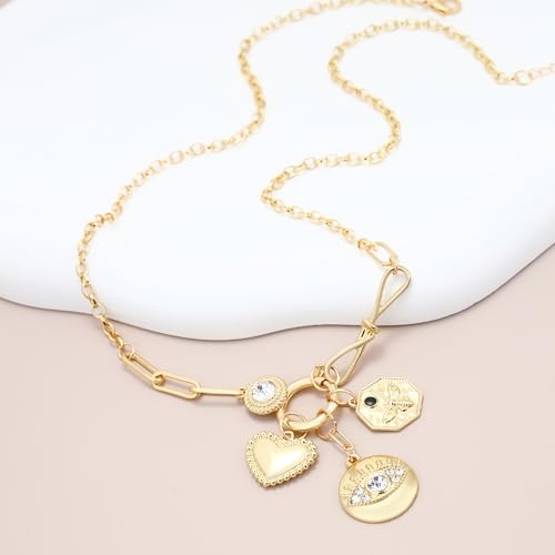 Charm Necklace for Women Gold Evil Eye Sun Moon Flower Coin Pendant Necklace Dainty Paperclip Chain Vintage Luck Amulet Choker Necklaces Celestial Jewelry Gift - style: Evil Eye, Heart, Coin