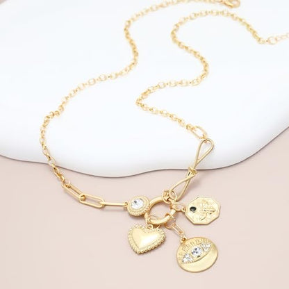 Charm Necklace for Women Gold Evil Eye Sun Moon Flower Coin Pendant Necklace Dainty Paperclip Chain Vintage Luck Amulet Choker Necklaces Celestial Jewelry Gift - style: Evil Eye, Heart, Coin