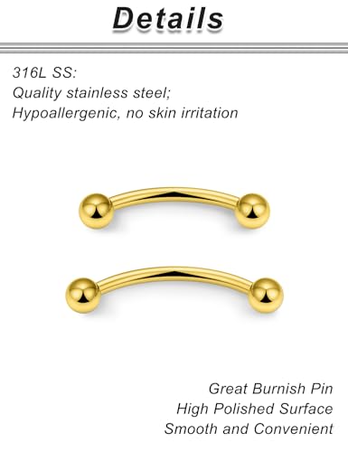 20G 16G 14G 12G Eyebrow Rook Daith Piercing Jewelry 316L Surgical Steel Vertical Lip Labret Belly Button Ring Snake Eyes Tongue Ring Curved Barbell 6mm(1/4") 8mm(5/16") 10mm (3/8") 12mm(1/2") - color: Gold, size: 20G(0.8mm)-6/8/10/12mm Bars