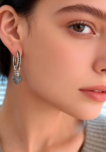 925 Silver Dangle Earrings for Women Sparkly Trendy Dainty Cute Crown Heart Cross CZ Drop Earring Fun Bling Asymmetrical 2000s Y2k Fashion Huggie Hoops Dangling Streetwear Jewelry Accessories - color: Bk