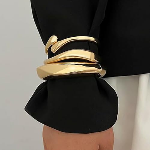 IFKM Gold Chain Bracelets Set for Women, 14K Gold Plated Multiple Layered Stackable Open Cuff Bangle Bracelet Anklet Bracelets Adjustable Link Tennis Beads Italian Cuban Jewelry for Women Gift - style: 3pcs Chunky Gold 1