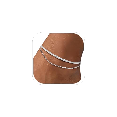 FOCALOOK 14K Gold Plated Anklets for Women Waterproof Plus Size Ankle Bracelet 8.5-10.5 Inch Adjustable Mariner/Figaro/Flat Snake/Cuban Link Chain Anklet Jewelry for Summer Beach Holiday - color: N:2 Layers Anklet-Silver
