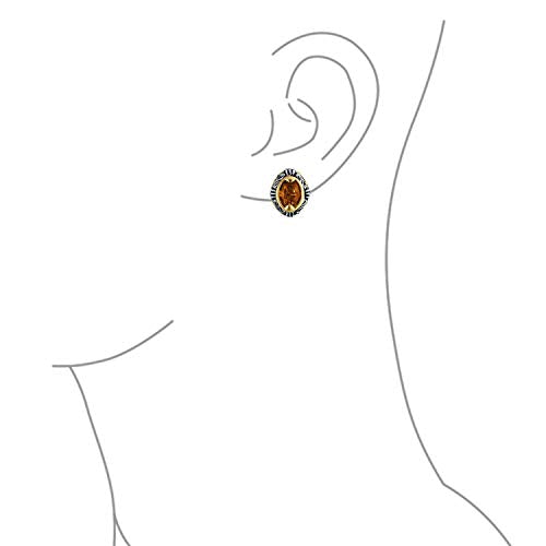Bali Button Style Two Tone Red Blue Brown Crystal Oval Clip-On Earrings - color: Orange