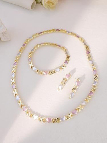 Women's Gold wedding Jewelry Set Tricolor Hugs Kisses Heart necklace set - color: Tricolor