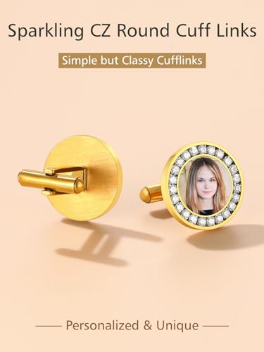 FindChic Stainless Steel Round Cufflinks with Custom Text/Picture/Monogram Letters 18K Gold Plated/Black Color for Men Groom Suits Shirts, with Gift Box - style: 02. CZ custom photo-round (gold plated)