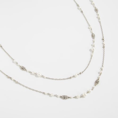Long Pearl Necklaces for Women Pearl Long Chain Necklace Gold Chain Dainty Delicate Station Necklace Jewelry for Dress Party - color: 2Layer Silver