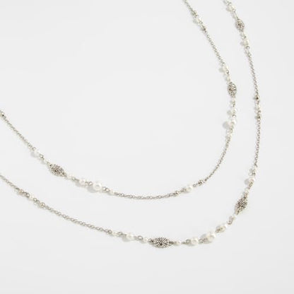 Long Pearl Necklaces for Women Pearl Long Chain Necklace Gold Chain Dainty Delicate Station Necklace Jewelry for Dress Party - color: 2Layer Silver