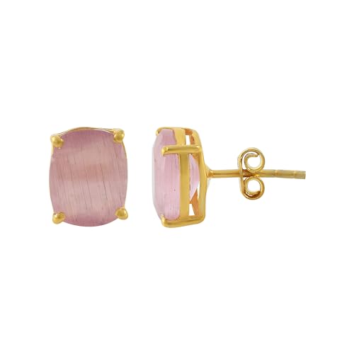 Women's 18K Gold Plated 8x10mm Princess Cut Gemstone Stud Earrings – Birthstone Jewelry for Her – Classic Cushion Studs - color: Rose Elisha