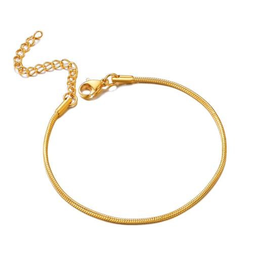 ChainsHouse Stainless Steel Herringbone Flat Chain Bracelets for Women,18K Gold/Rose Gold/Black Metal Paperclip/Snake/Cuban/Figaro Sterling Silver Link Charm Bracelet, 16+5cm Adjustable, With Gift Box - color: d. snake-gold