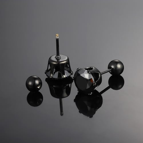 VOLUKA Cubic Zirconia Stainless Steel Screw Flat Back Earring - Hypoallergenic Stud Earrings for Women & Men - 316L Titanium CZ Stud Earrings for Nickel-Free, Trendy & Elegant - color: 6 Pairs- 3-8mm Ball Back -Black