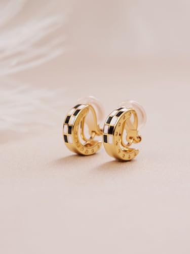 FAN&LOUIS 24K Gold Plated Hoop Clip On Earrings for Women, Black and White Checkered Trendy Hypoallergenic Non Pierced Earrings Painless Lightweight Small Hoop Clip-On Earrings