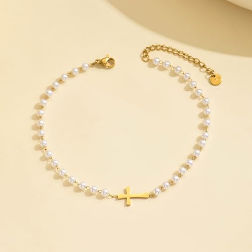 18K Gold Plated Boho Beaded Anklets for Women Dainty Gold Layered Round Ball Ankle Bracelet Pearl Cross Anklet Bracelet Waterproof Gold Jewelry - color: Pearl Cross-Gold