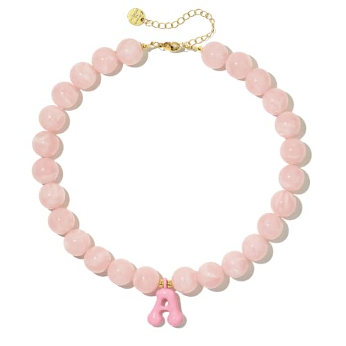 DoDoBeads Chunky Colorful Beaded Initial Necklace, Bubble Letter Choker | Gift box and dust pouch included; waterproof and sweat-resistant with real gold plated stainless steel hardware - color: Pink-A