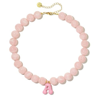 DoDoBeads Chunky Colorful Beaded Initial Necklace, Bubble Letter Choker | Gift box and dust pouch included; waterproof and sweat-resistant with real gold plated stainless steel hardware - color: Pink-A