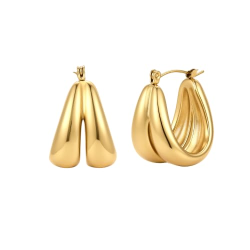 14K Gold Plated Chunky Hoop Earrings for Women, Thick Teardrop Huggie Hoops, Hypoallergenic Stainless Steel Statement Earrings