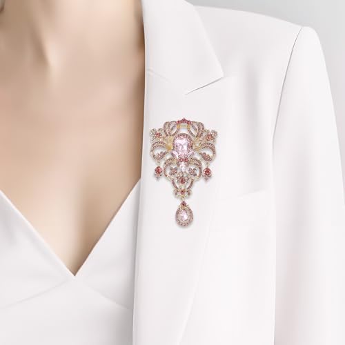 YOQUCOL Retro Austrian Crystal Big Brooch Pin for Women Large Flower Shape Brooches Lapel Pins for Sweater,Coat Dress Accessories - color: A-Pink