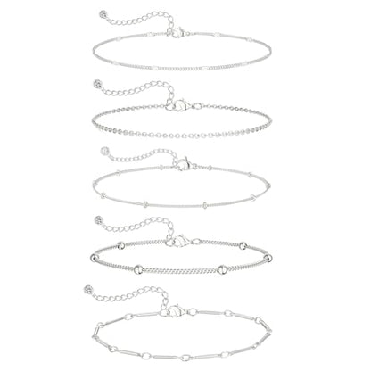 Silver/Gold Anklets for Women, Sterling Silver Evil Eye Ankle Bracelets for Women Trendy Dainty Waterproof Anklets Set Adjustable Layered Anklet Bracelets for Women Silver Jewelry Gift - style: 5Pairs Anklets-Silver